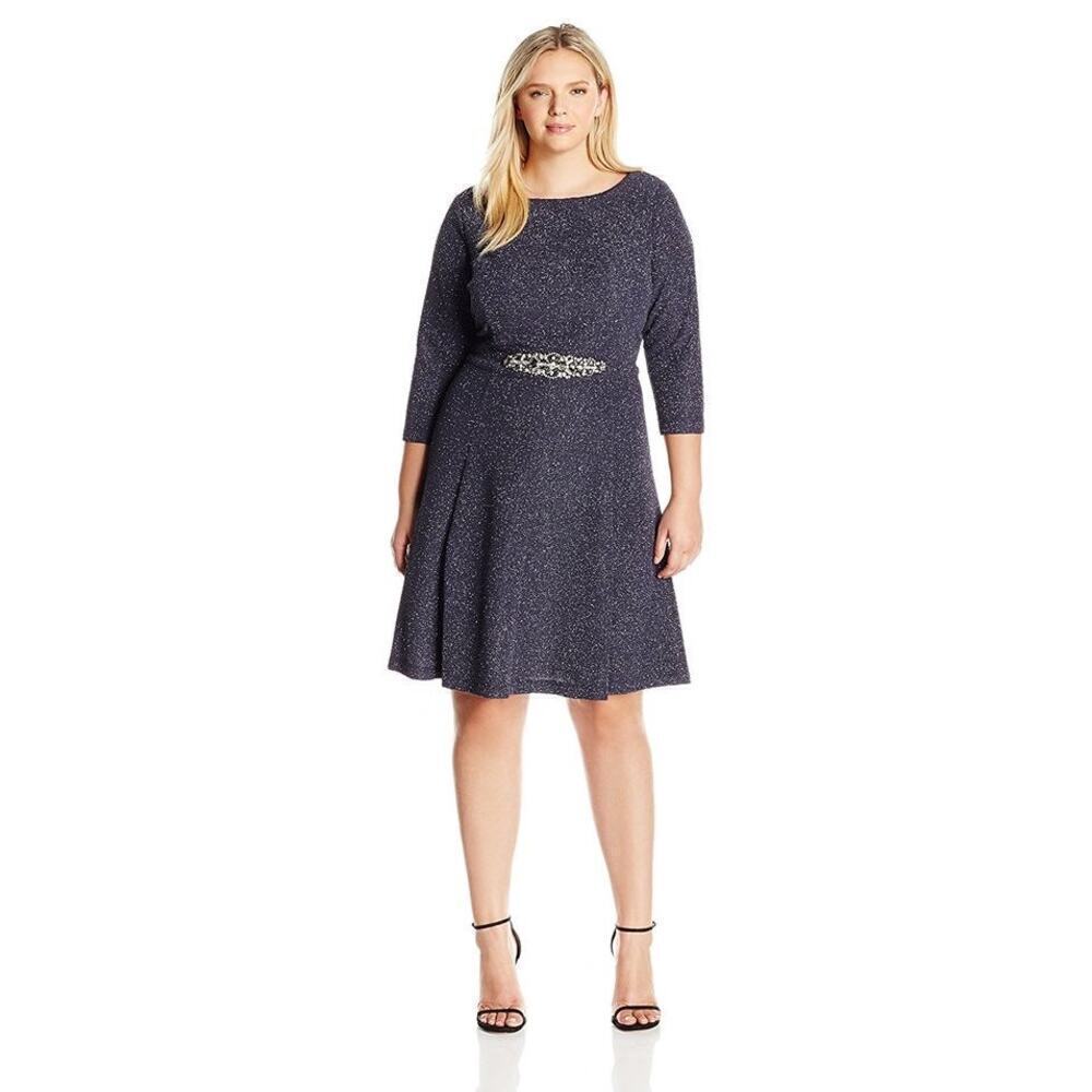 Eliza J embellished sparkle knit fit & flare dress steel grey sz 14